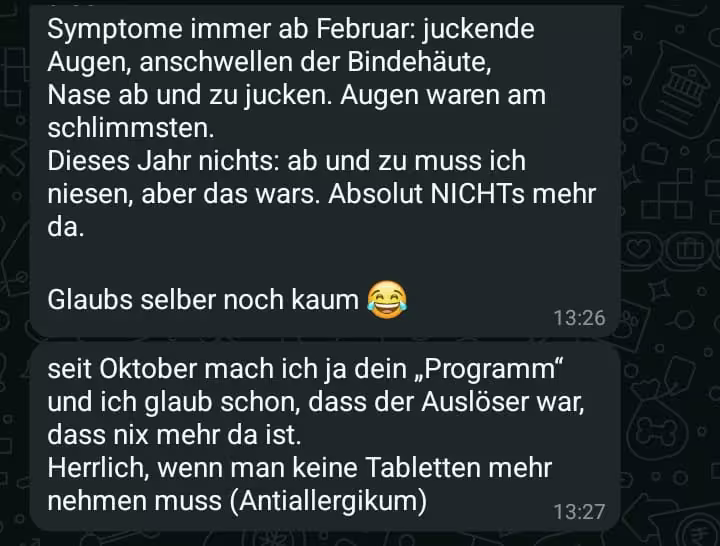 WhatsApp-Nachricht einer Teilnehmerin, deren Allergiesymptome ausgeblieben sind