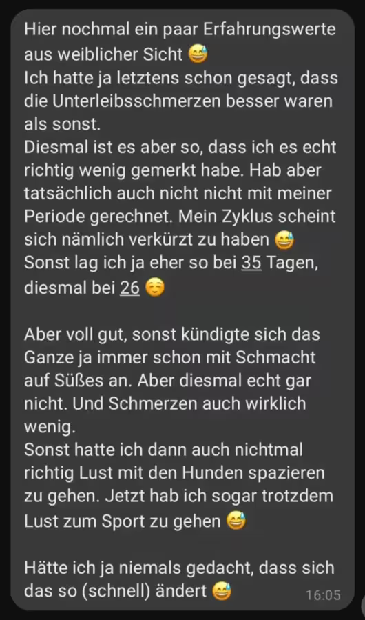 WhatsApp-Nachricht einer Teilnehmerin über weniger Unterleibsschmerzen und einen kürzeren Zyklus