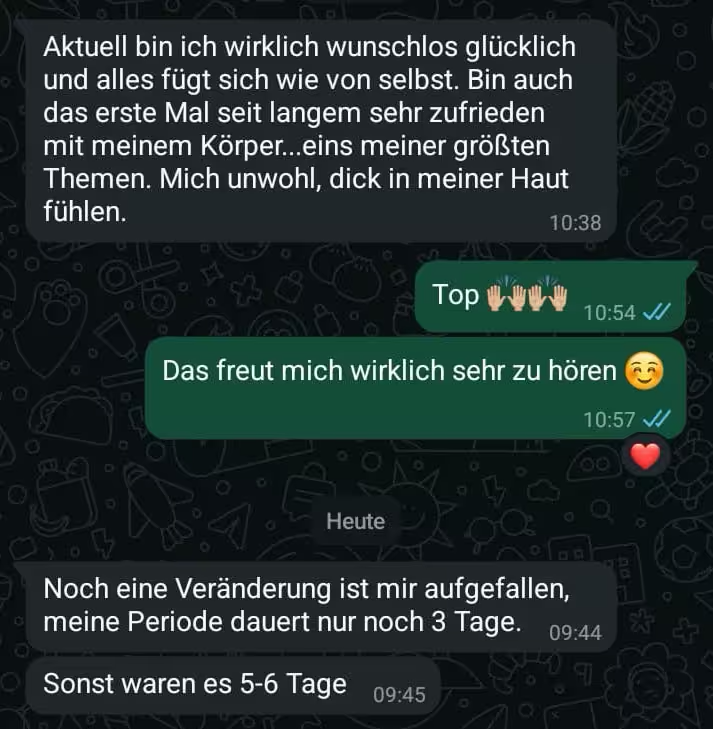 WhatsApp-Nachricht einer Teilnehmerin, die mit ihrem Körper zufrieden ist